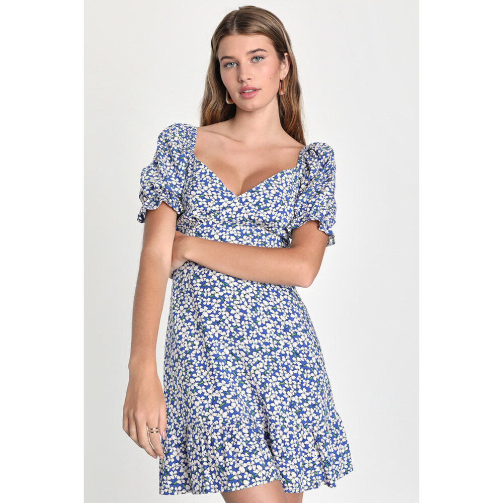 Grateful Feelings Blue Floral Print Puff Sleeve Mini Dress